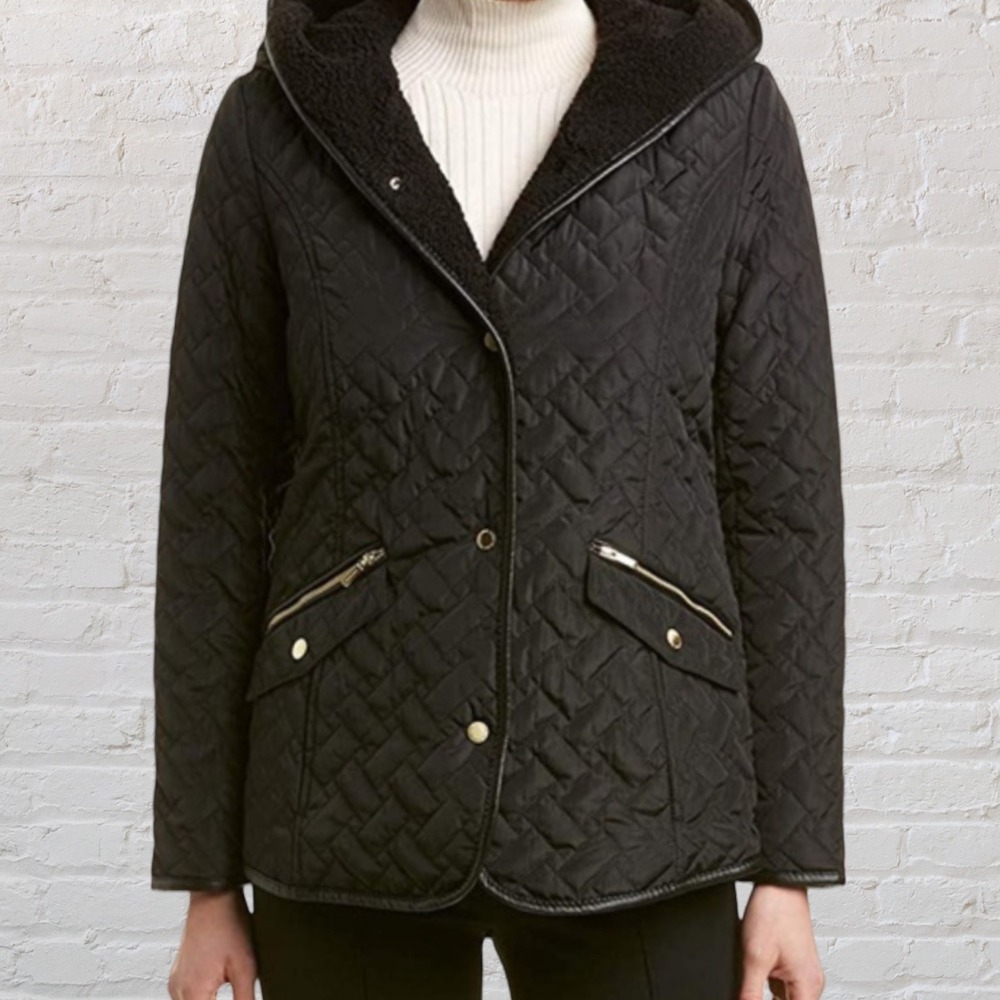 Cole‎ Haan Signature Black Quilted Hooded Jacket Faux Fur Lined Womens Medium